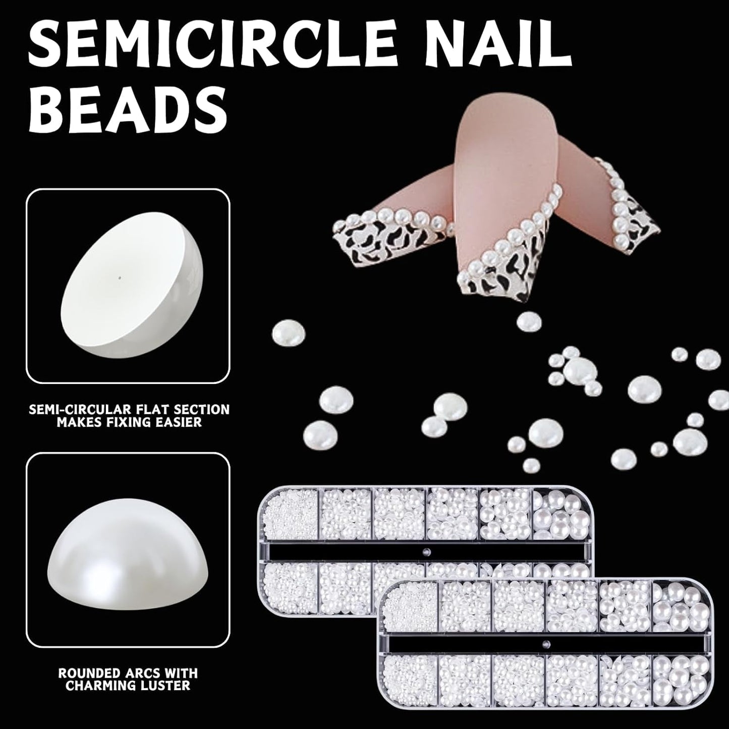 12 Größen Nail Art Perlen, Flache Perlen, Nail Art Accessoires, Halbkreis Nagelperlen, Weiße Nail Charms Und Glitzersteine ​​​​Nägel Für Nail Art Design, DIY Basteln, Alltag, Hochzeit (2 cajas)