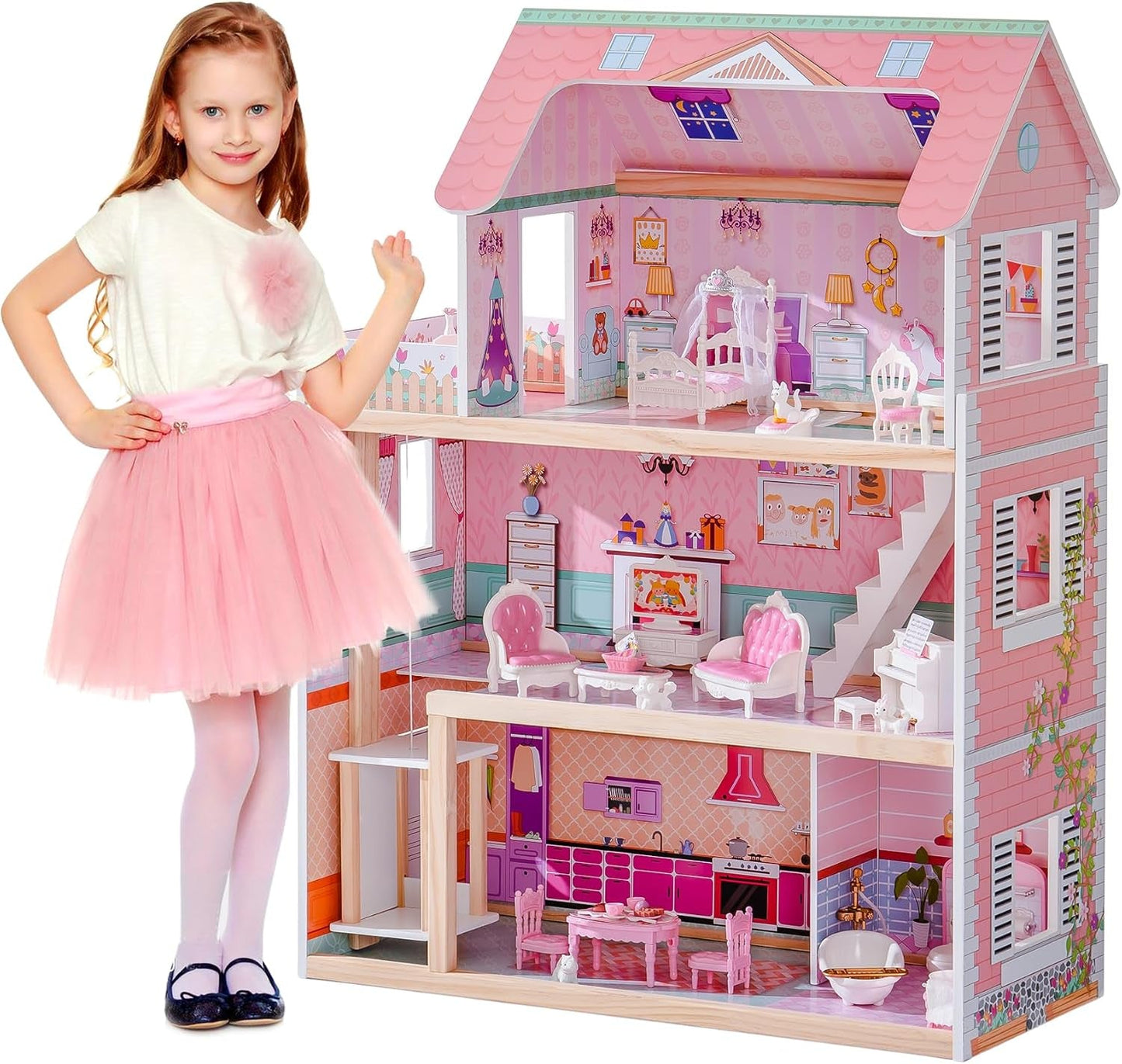 ROBUD Casa de muñecas de madera para niños, casa de muñecas, juguete de regalo para niñas y niños de 3, 4, 5 y 6 años