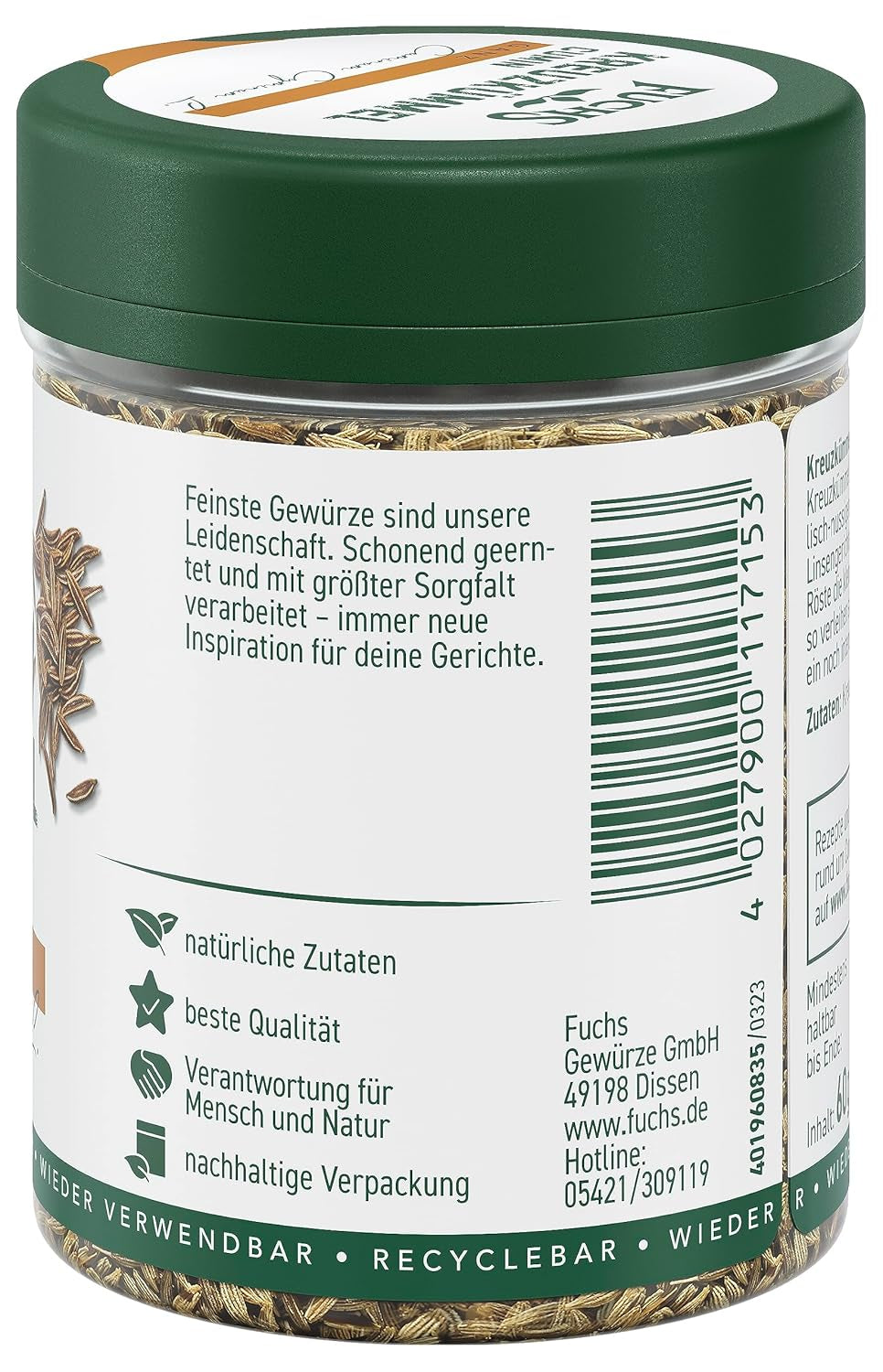 Fuchs Gewürze - Kreuzkümmel ganz - orientalisch-nussige Note für Falafel und Linsengerichte - ingredientes naturales - 60 g en wiederverwendbarer, recyclebarer Dosis