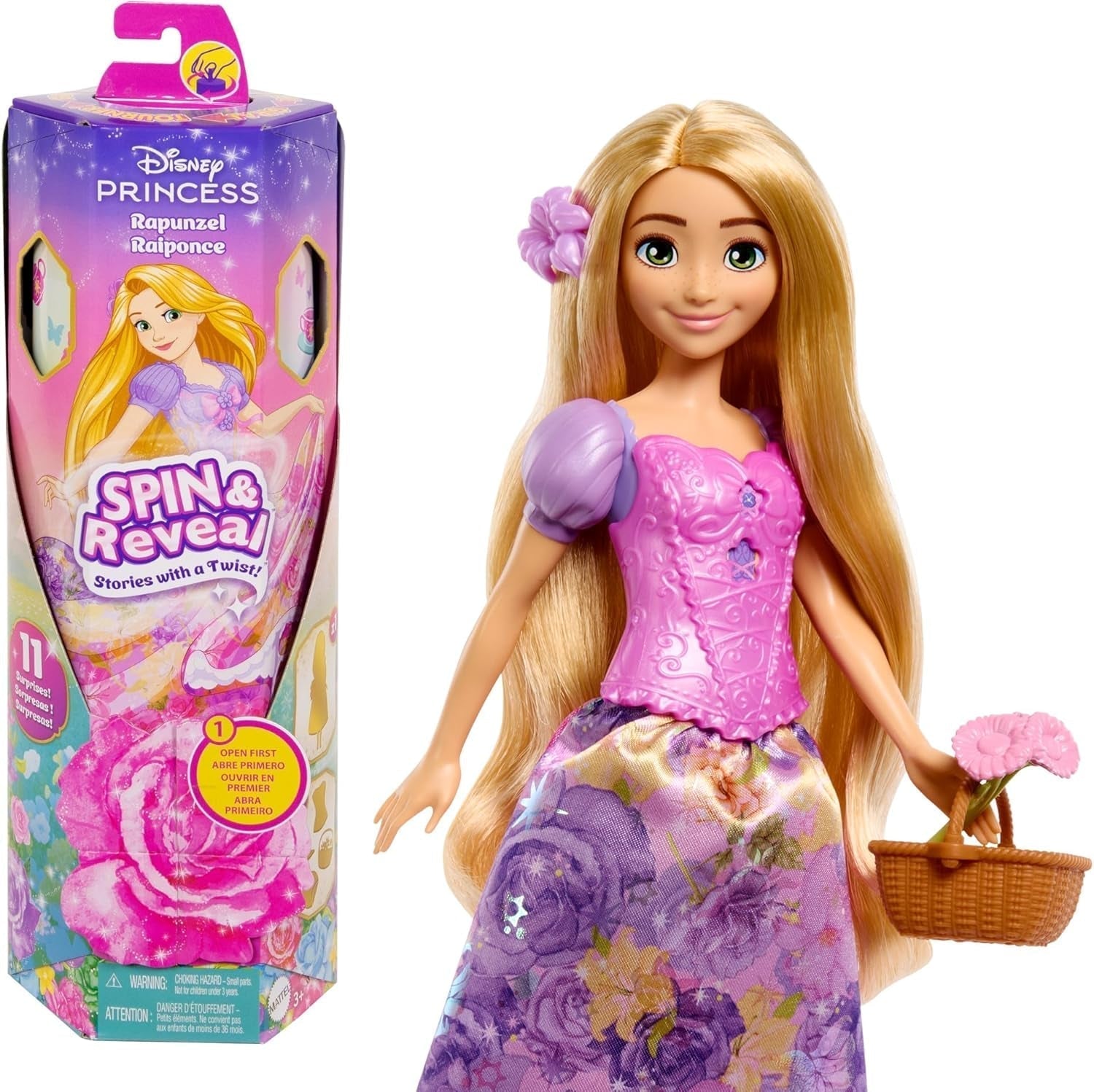 Mattel Disney The Ice Queen Elsa Fashion Doll Set, Spin & Reveal con 11 sorpresas, incluyendo 5 accesorios, 5 pegatinas y una escena de juego, inspirado en la película de Disney, HTG25 Dolls Naty Shop Rapunzel Fashion Doll Set