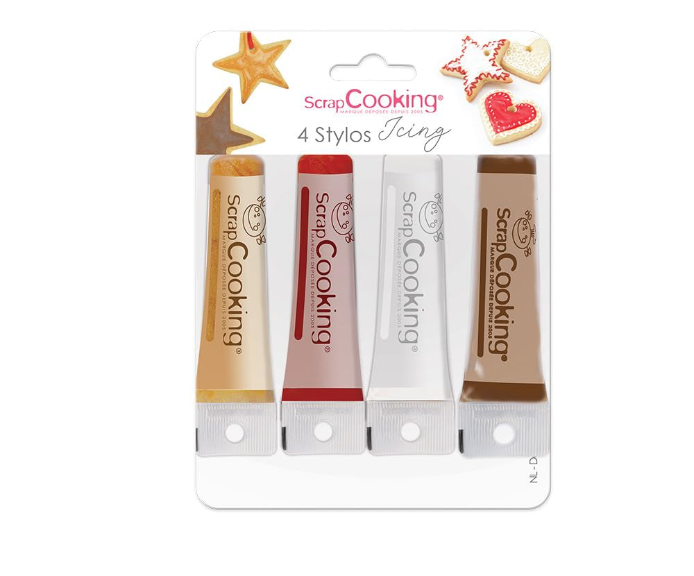 Scrapcooking - Rotuladores de 4 piezas: dorado, chocolate, blanco y rojo - Bolígrafos decorativos comestibles para escribir y dibujar en postres, pasteles y galletas