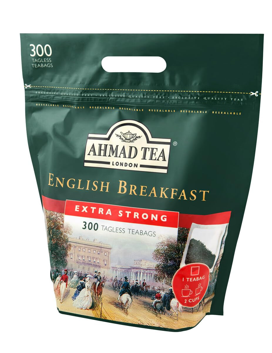 Ahmad Tea - Desayuno inglés - Té de desayuno negro - Té de Assam y Ceilán - Bolsitas de té inglés sin banda con 2 g de té por porción - Paquete grande de 300 bolsitas de té (paquete de 2)