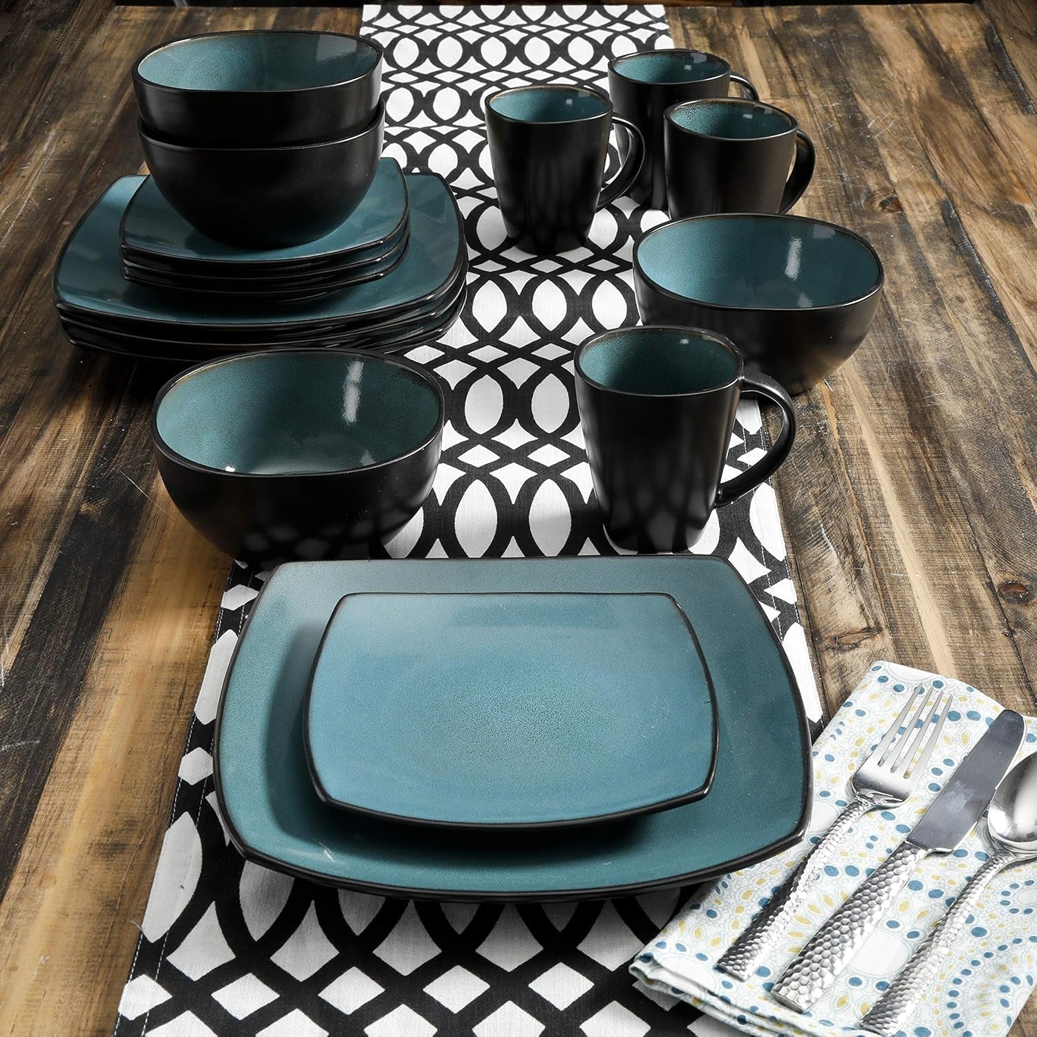 Gibson 99813.16R Elite Soho Lounge Reactive Glaze Vajilla para 4 personas, 16 piezas, efecto bicolor azul-verde/negro