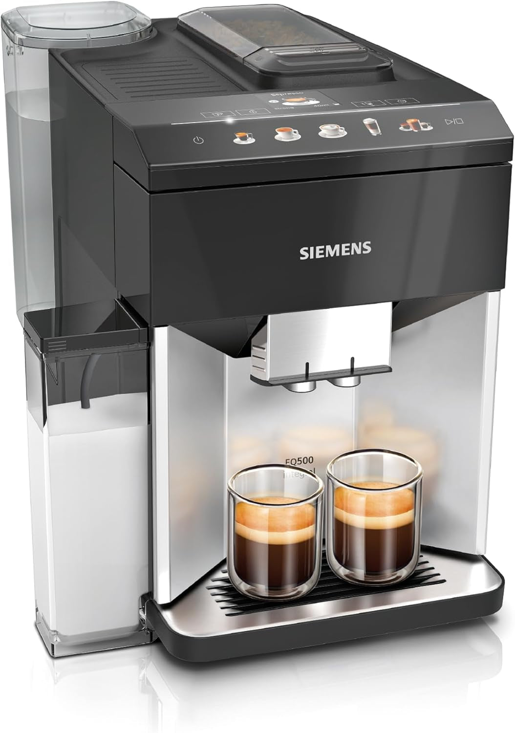 Cafetera espresso totalmente automática Siemens EQ500 TQ513D01, muchas especialidades de café, espumador de leche, recipiente de leche integrado, limpieza automática a vapor, 1500 W, luz natural plata/negro piano