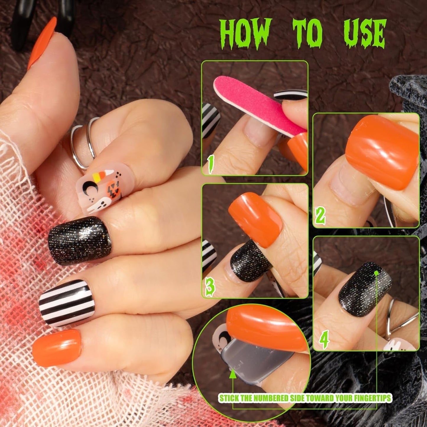72 piezas de uñas de Halloween, uñas postizas autoadhesivas, uñas artificiales cortas, uñas prensadas autoadhesivas, uñas postizas autoadhesivas, puntas de uñas artificiales, naranja, verde, negro