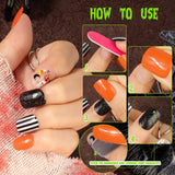 72 piezas de uñas de Halloween, uñas postizas autoadhesivas, uñas artificiales cortas, uñas prensadas autoadhesivas, uñas postizas autoadhesivas, puntas de uñas artificiales, naranja, verde, negro