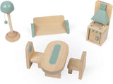 Janod - Mi primera casa de muñecas de madera - 10 accesorios - Muebles para muñecas - Puertas magnéticas y techo desmontable - Juguete de madera certificado FSC - A partir de 3 años