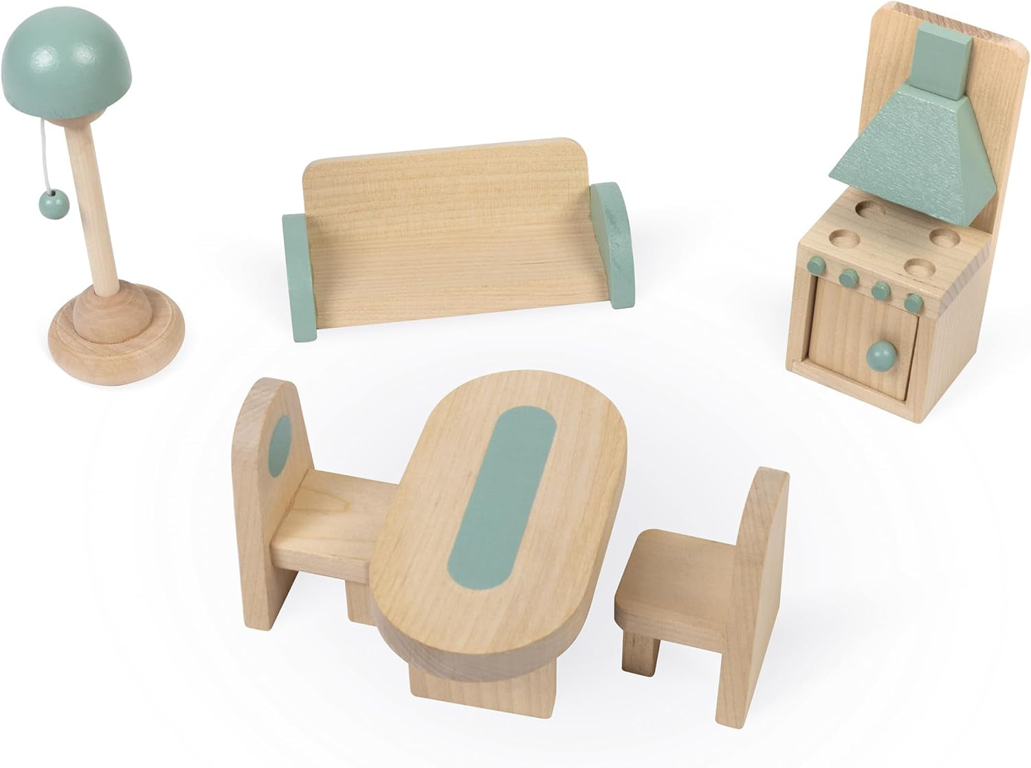 Janod - Mi primera casa de muñecas de madera - 10 accesorios - Muebles para muñecas - Puertas magnéticas y techo desmontable - Juguete de madera certificado FSC - A partir de 3 años