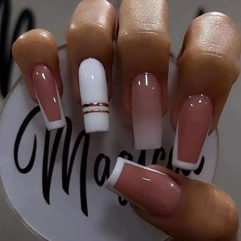 24 Piezas Prensa Francesa En Uñas Largas Ataúd Uñas Artificiales Blancas Ombre Rosa Desnudo Uñas Adhesivas Acrílico Juego De Uñas Puntas De Uñas Para Mujeres Primavera Verano Accesorios De Uñas