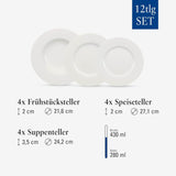 Villeroy & Boch Wonderful World Vajilla de 12 piezas, Apta para lavavajillas y microondas, Blanco, Platos, Vajilla, Porcelana, Platos llanos, Set, Vajilla moderna, Porcelana Premium