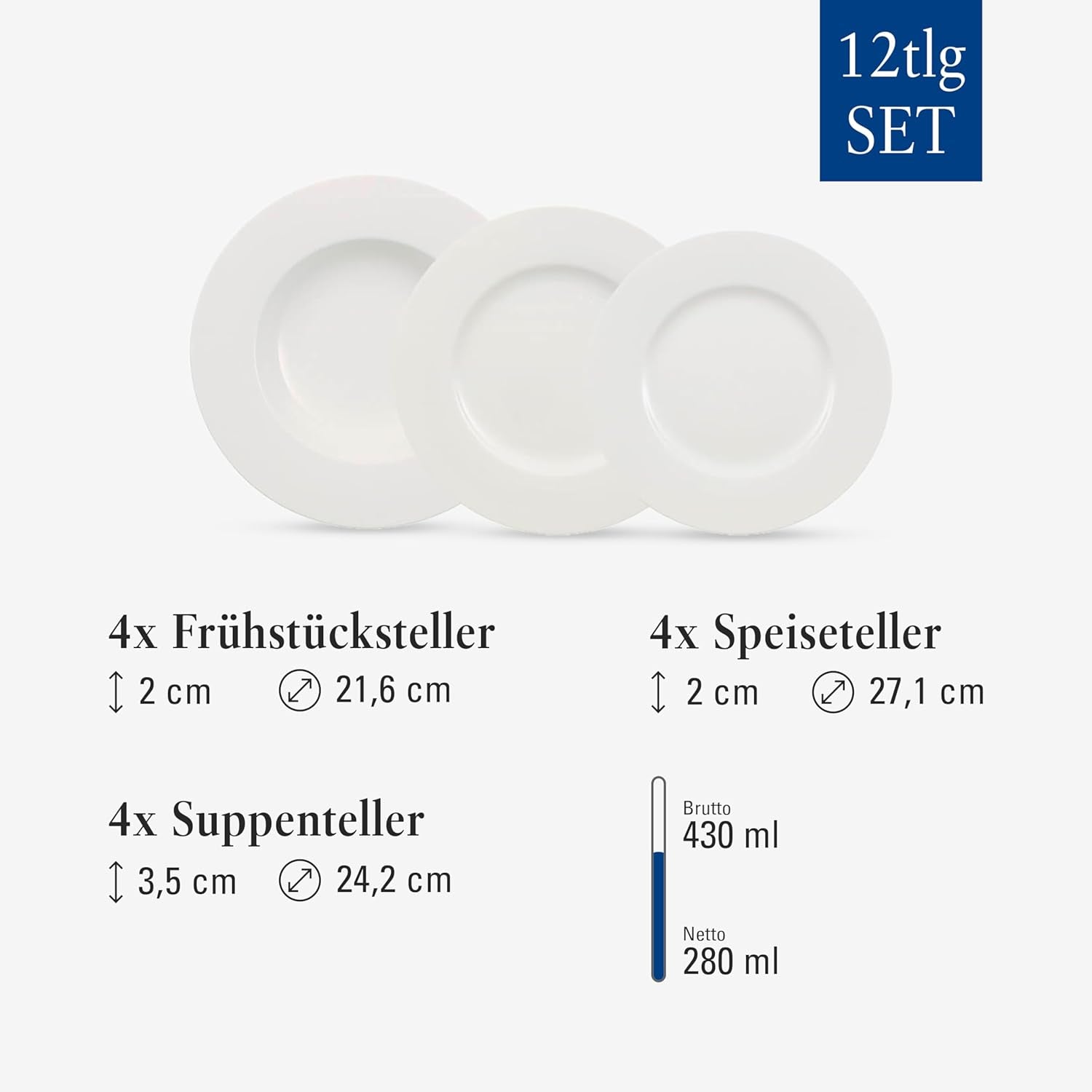 Villeroy & Boch Wonderful World Vajilla de 12 piezas, Apta para lavavajillas y microondas, Blanco, Platos, Vajilla, Porcelana, Platos llanos, Set, Vajilla moderna, Porcelana Premium