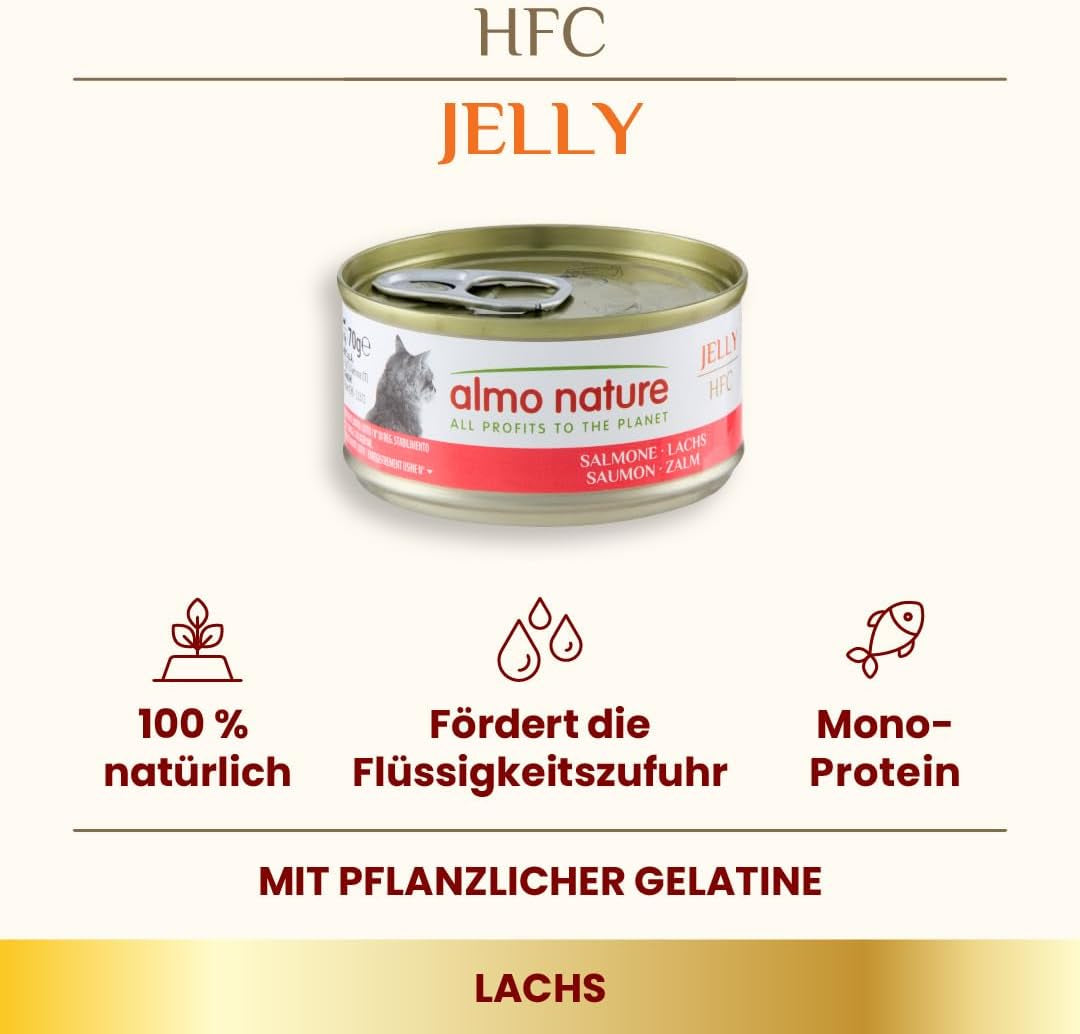 Almo Nature HFC Jelly - Nassfutter für ausgewachsene Katzen - Lachs - Grado humano, sin gluten y monoproteína - 6 x 70 g