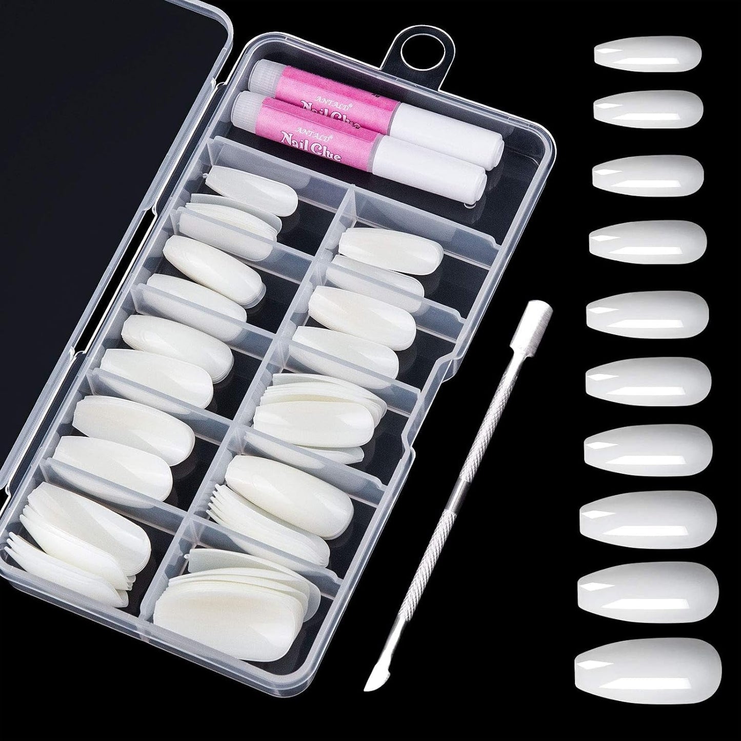 200 puntas de uñas postizas, 10 tamaños de uñas artificiales acrílicas con empujador de cutículas y caja transparente para mujeres y niñas (naturales y transparentes)