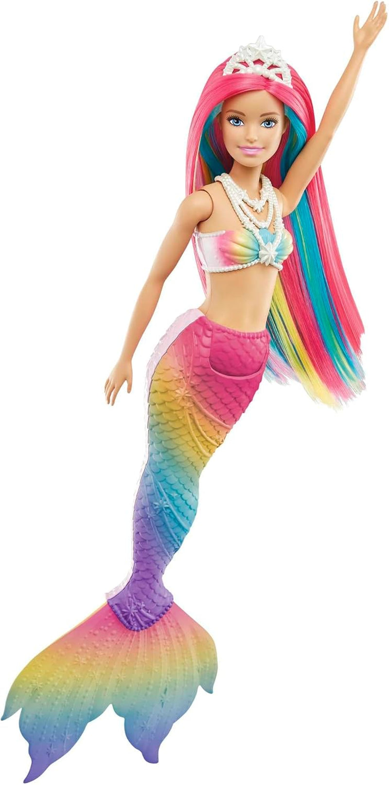 Barbie Dreamtopia Rainbow Magic Mermaid, Barbie sirena con pelo de arcoíris, muñeca que cambia de color, activado por agua, juguete para edades de 3 años en adelante, regalo para niñas, GTF89