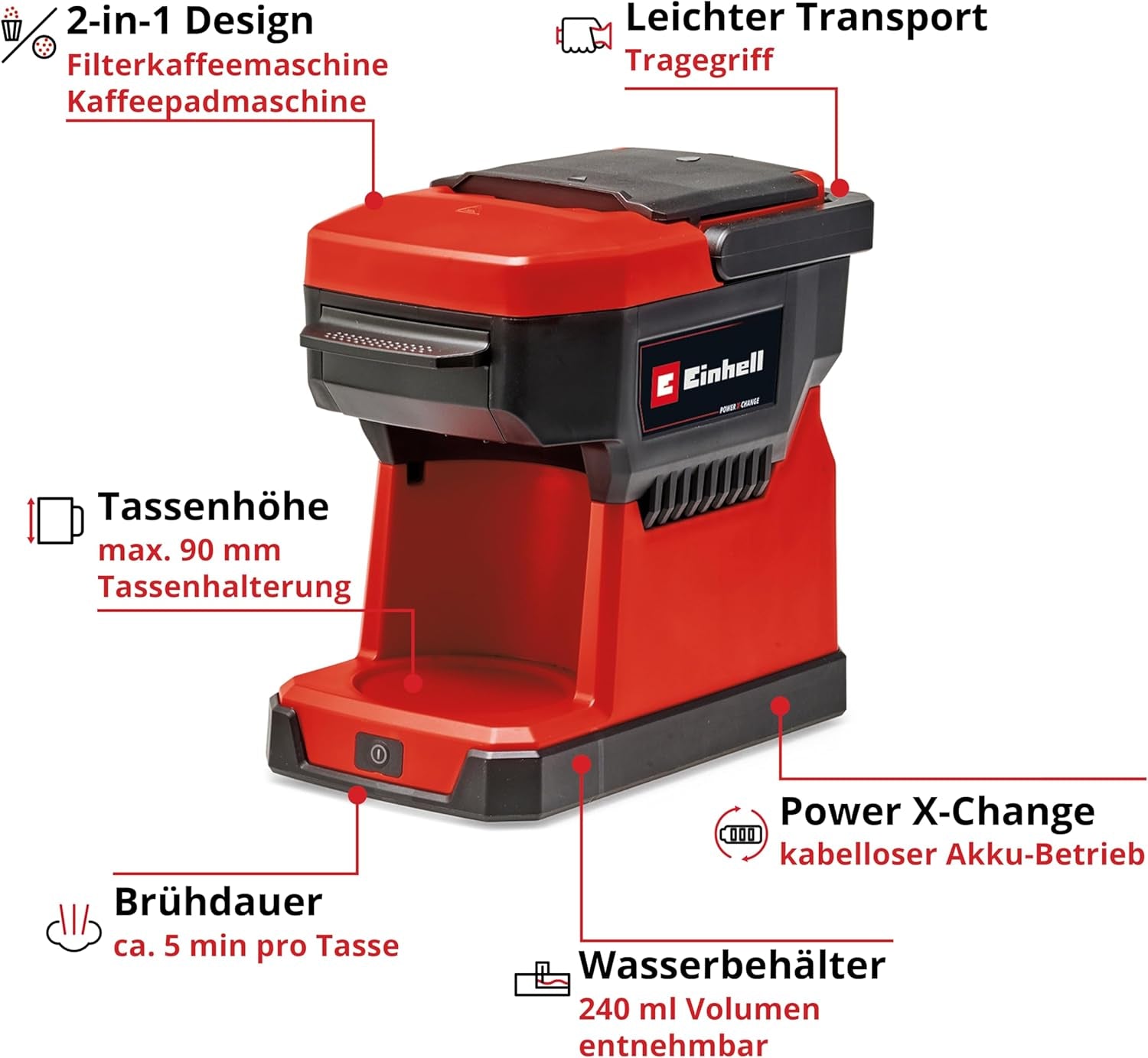 Cafetera espresso inalámbrica Einhell TE-CF 18 Li-Solo Power X-Change (18 V, depósito de agua de 240 ml, para café filtrado y cápsulas de café, asa de transporte, incl. taza de café con tapa, sin batería)