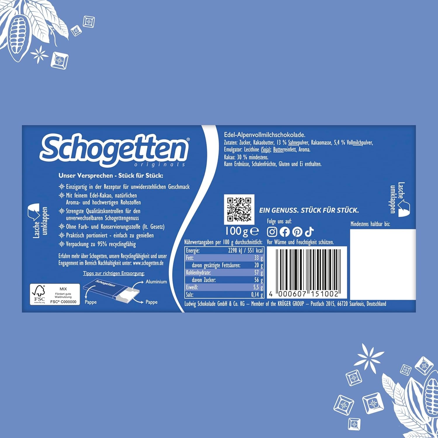 Barra de chocolate con leche Schogetten Premium Alpine, 100 g, en porciones individuales. Una delicia. Pieza por pieza.