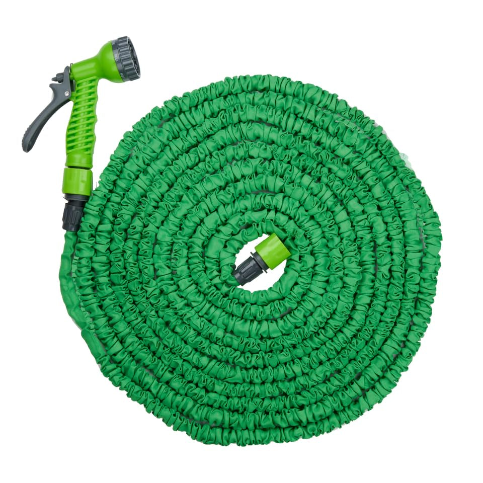 Manguera de jardín flexible Kinzo 20 m - incl. Accesorio para manguera - Manguera flexible con cabezal rociador con 7 posiciones de rociado - Plástico - Verde/Gris