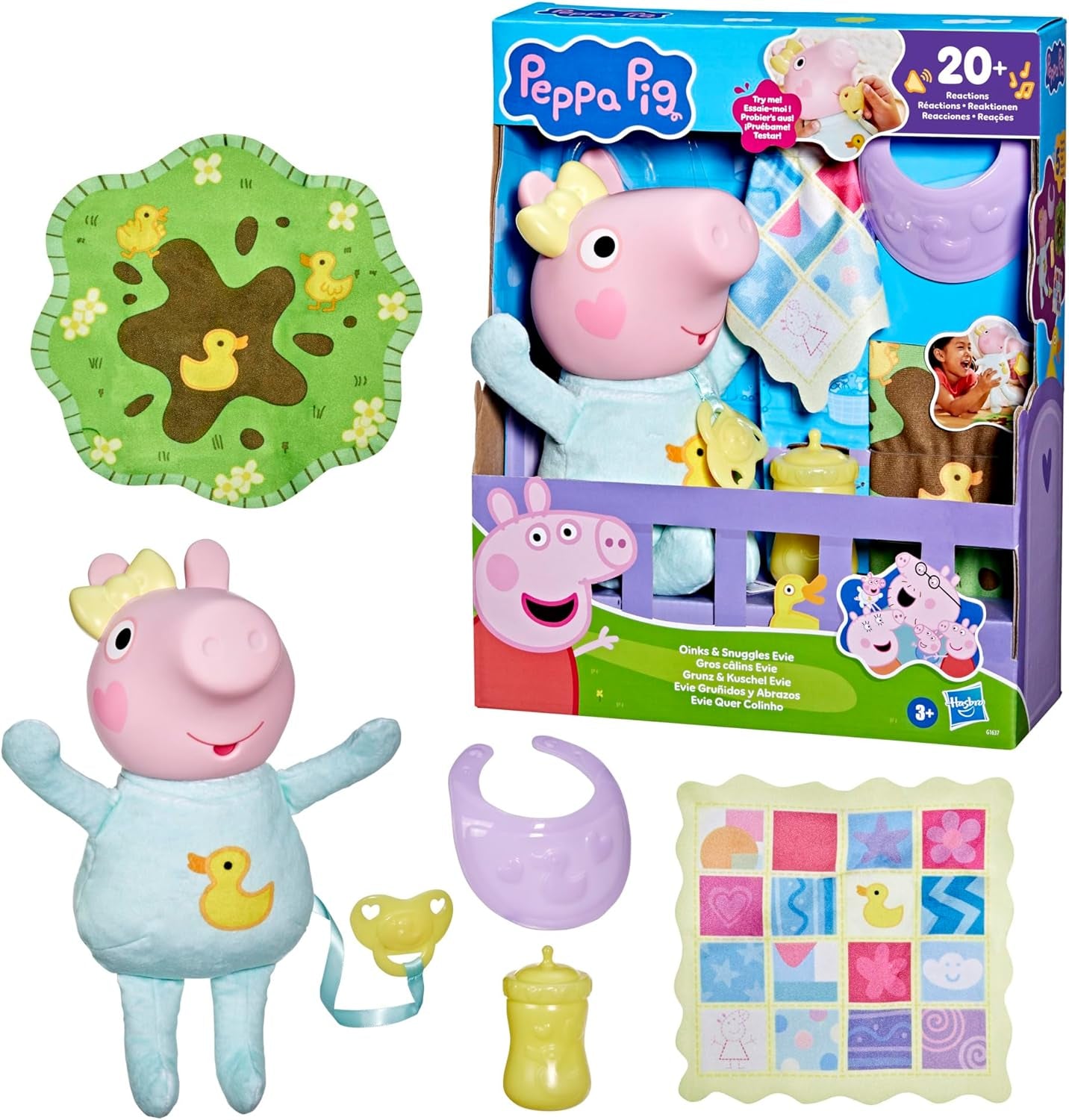 Peppa Pig Muñeca Interactiva Evie de 28 cm con 20 sonidos y muchas funciones, set de juguetes para niños a partir de 3 años