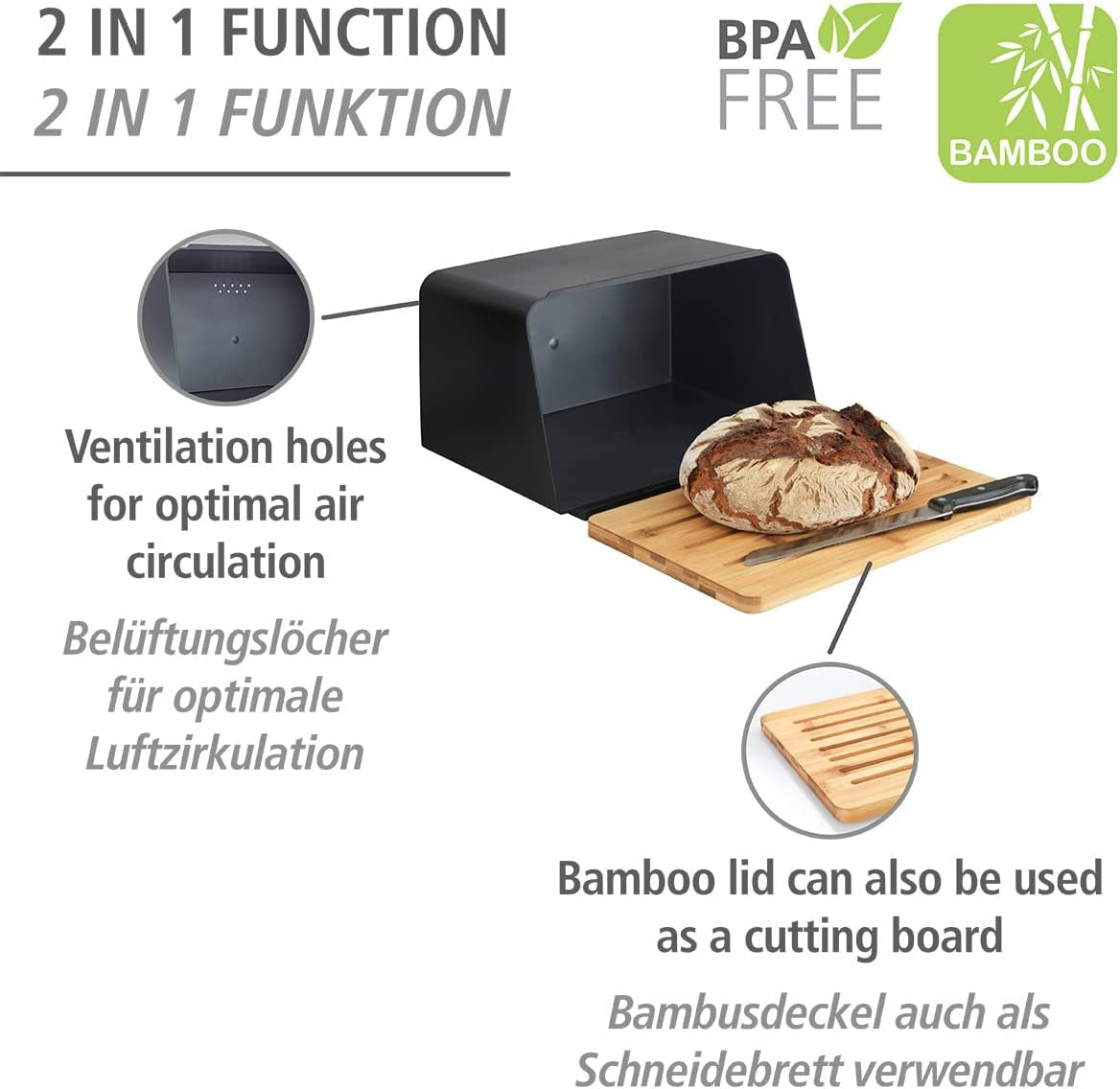 WENKO Kubo Panera con Tabla de Bambú, Versátil Panera con Tapa y Tabla de Cortar de Bambú Integrada, Caja de Almacenamiento de Alimentos, Almacenamiento de Pan Duradero, 35 x 20,5 x 26 cm, Cajas de Almacenamiento de Alimentos Negras/Naturales Naty Shop