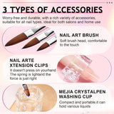 Solución para uñas Polygel, kit para uñas con solución antideslizante Polygel, soluciones líquidas para uñas Polygel de 75 ml, 5 clips para puntas de uñas, 3 cepillos para uñas, 1 vaso de cristal, 100 hojas de limpieza