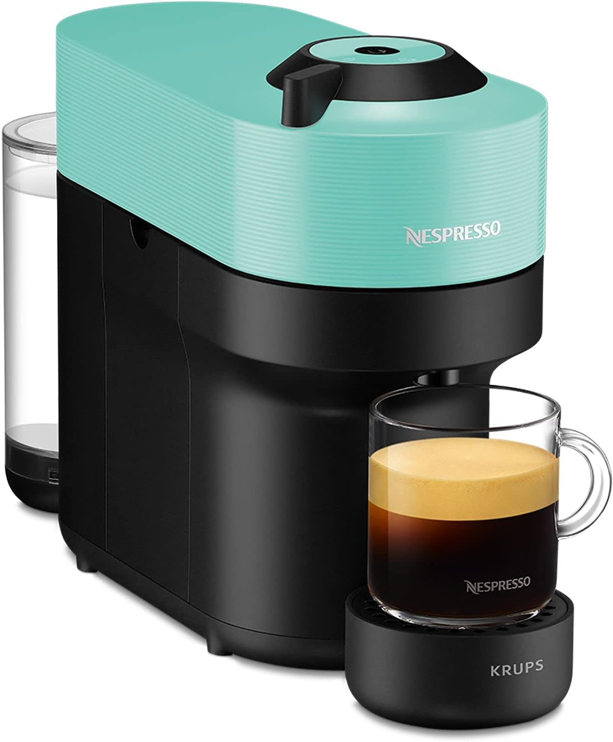 Cafetera espresso con cápsulas Nespresso Krups Vertuo Pop, capacidad: 560 ml, reconocimiento automático de cápsulas, sistema one-touch, 4 tamaños de taza, tiempo de calentamiento reducido, sostenible, Aqua Mint, XN9204