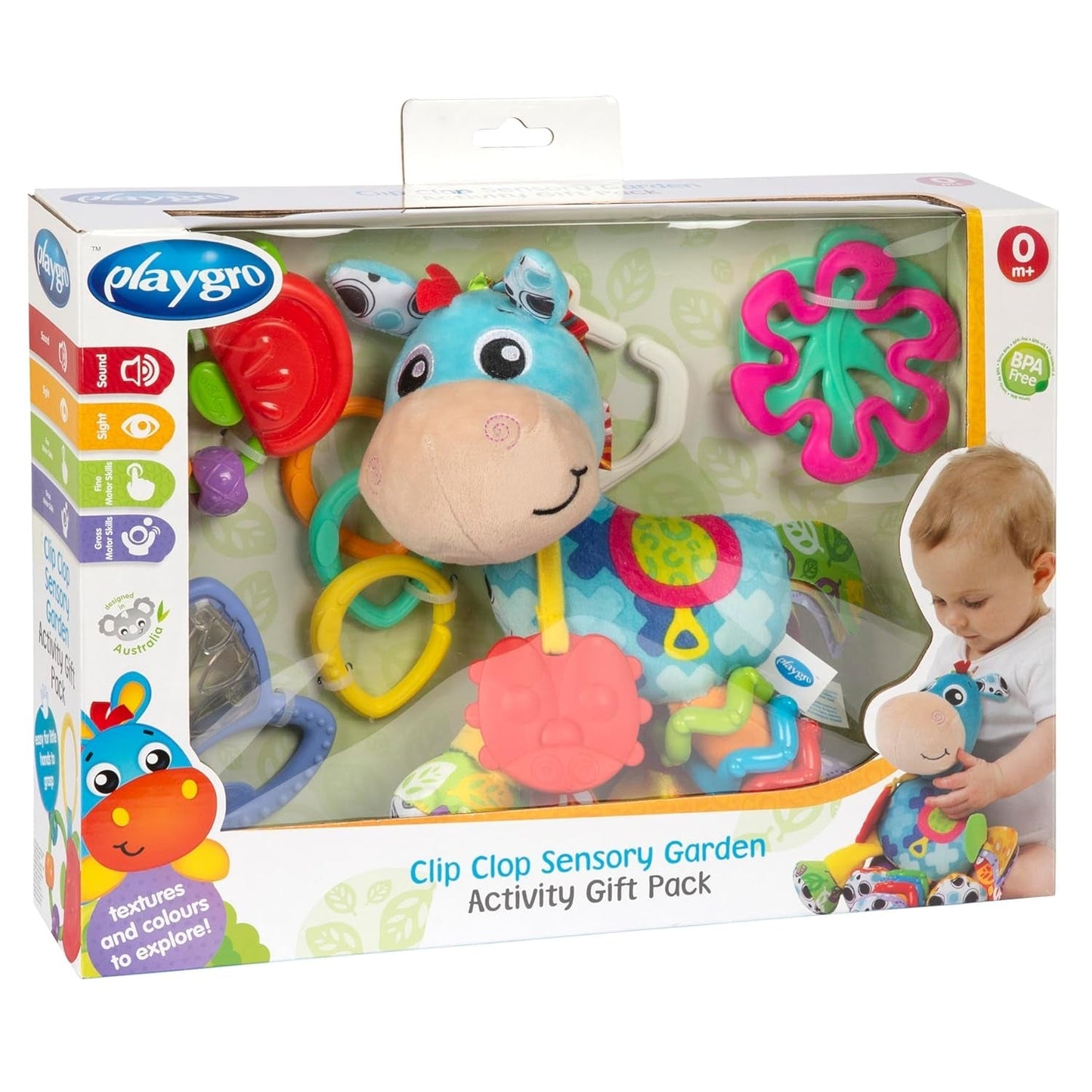 Playgro Clip Clop Pack Regalo Actividad Sensorial Jardín - Juguete Sensorial Jardín para Bebés a Partir de 0 Meses - Juguete Interactivo con Sonajeros, Mordedor y Amigo Cochecito - 4 Piezas