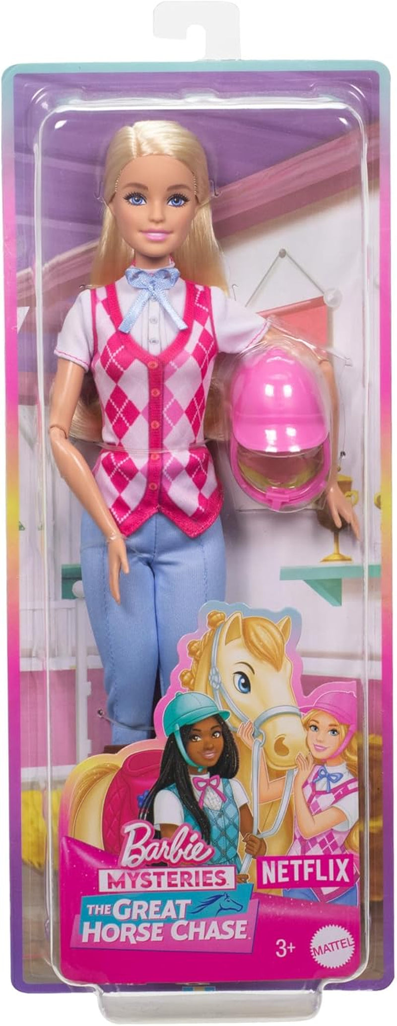 Muñeca Barbie Malibu y accesorios de Barbie Mysteries: The Secret Horse Adventure, que incluyen muñeca de moda, traje de montar desmontable y casco, HXJ38