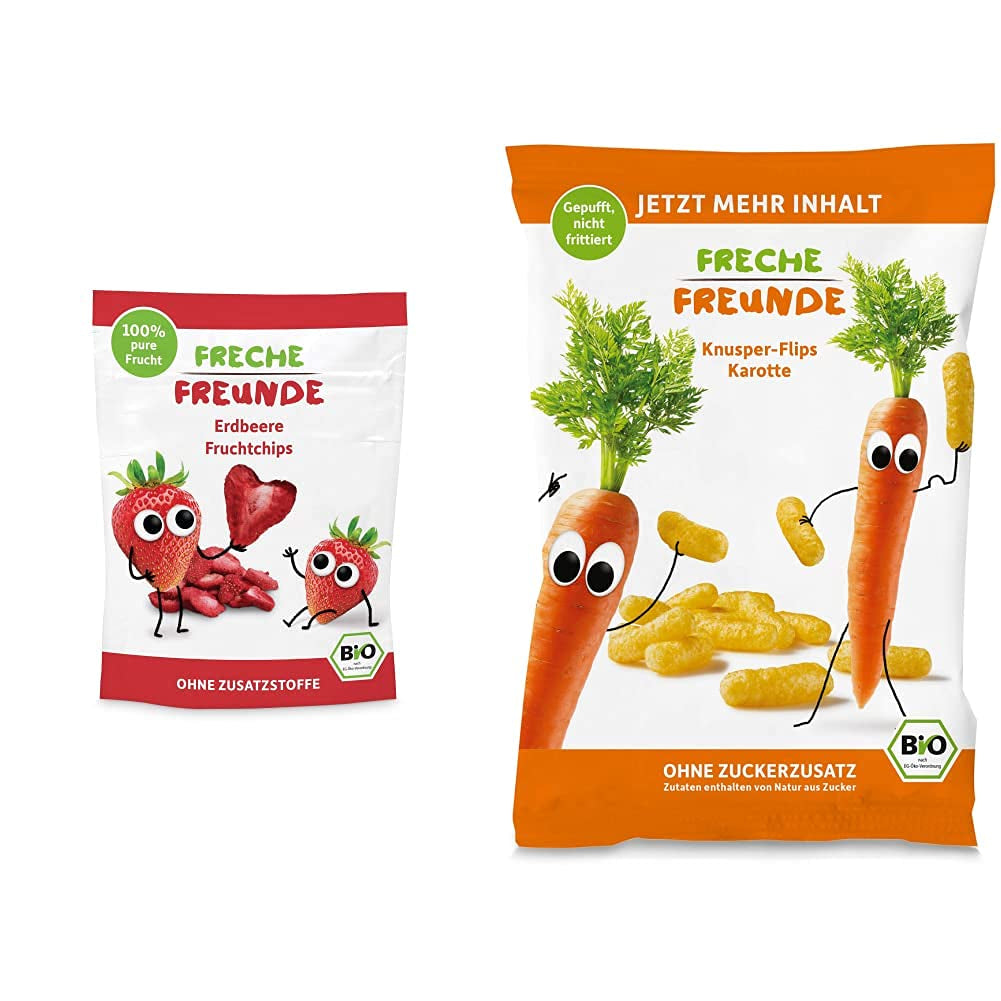 Chips de Frutas Bio "100% Fresa" Chips de Frutas Fresa Liofilizados (12 x 12g) y Nuevas Flips Crujientes de Maíz y Zanahoria Bio, Snack Bio, A partir de 1 año, (9 x 30g) 270g