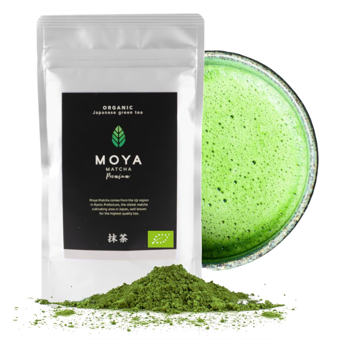 Té verde orgánico Moya Matcha en polvo | 100 g calidad premium para ceremonia | Cultivado y cosechado orgánicamente en Uji, Japón | Té verde matcha en polvo | Ideal para la ceremonia japonesa del té de agua.