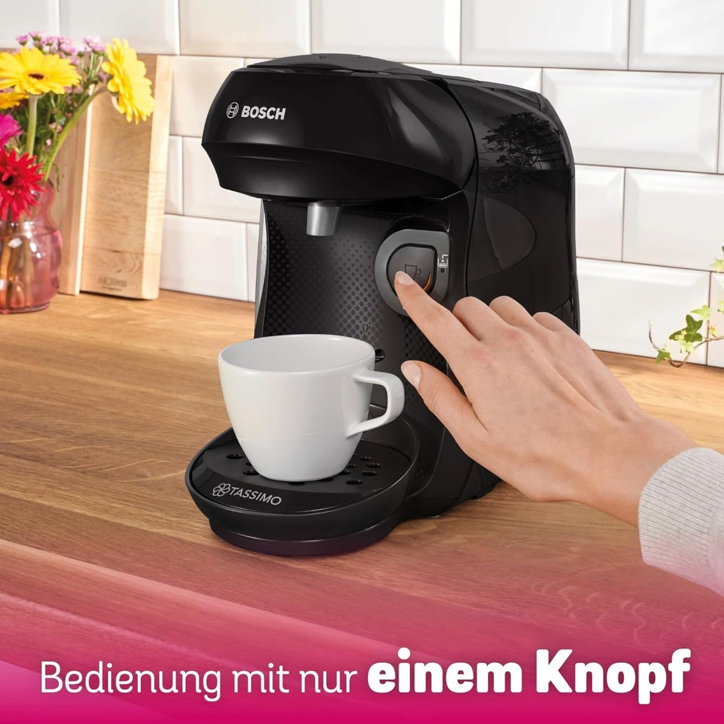 Bosch Tassimo Happy Friendly TAS102E Cafetera espresso de cápsulas, más de 70 bebidas, apta para todas las tazas, parada automática, sostenible, dosificación perfecta, ahorro de espacio, 1400 W, negra
