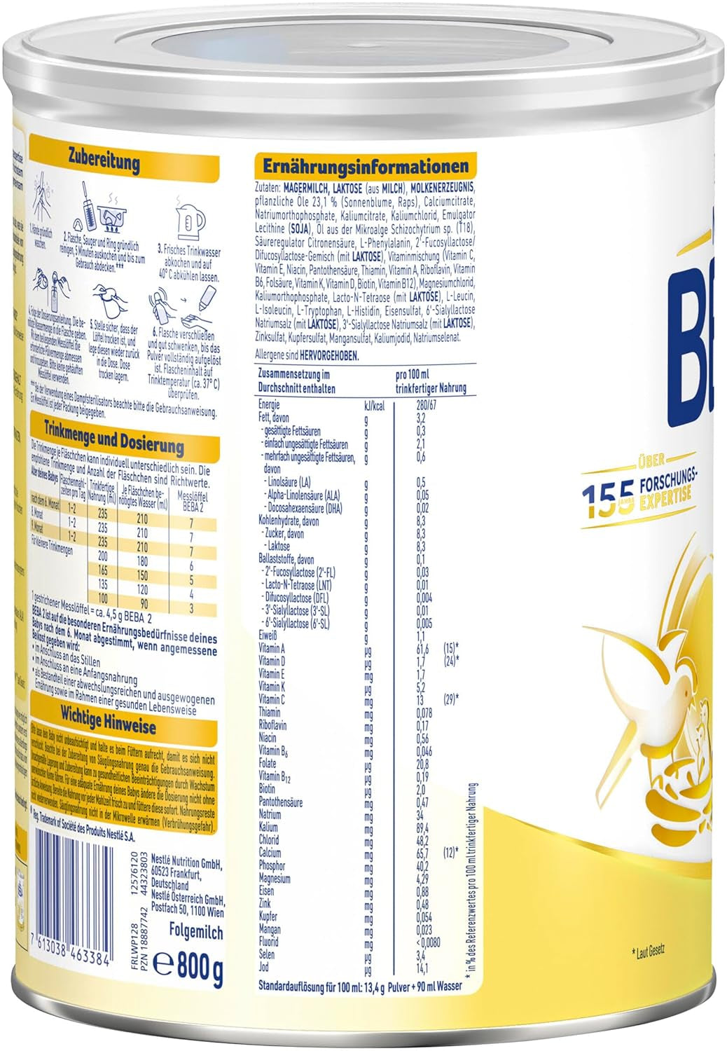 BEBA 2 - Leche de continuación a partir de los 6 meses, con complejo 5 HMO, contenido proteico adecuado a la edad, sin lactosa, sin aceite de palma, sin aceite de pescado, papilla, leche en polvo para bebés, paquete de 3 (3 x 800 g)