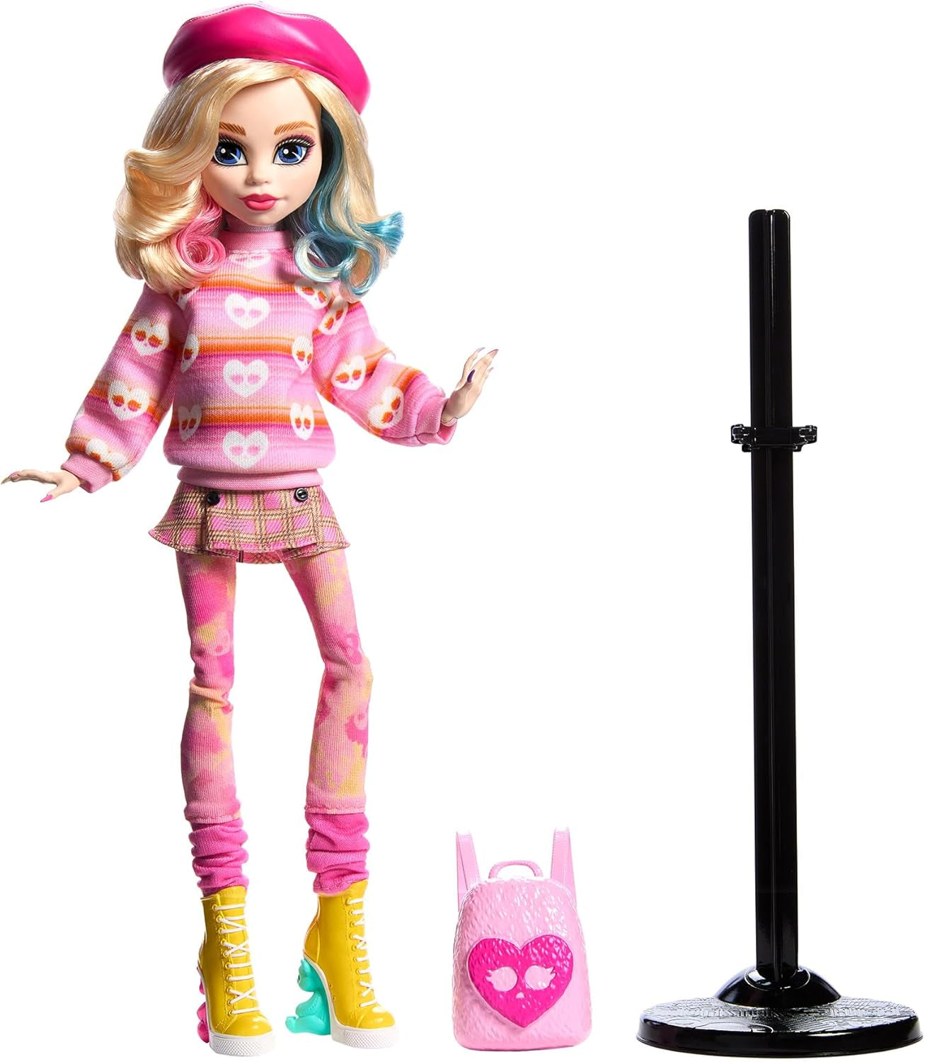 Muñeca Monster High Wednesday y accesorios Figura coleccionable de Enid Sinclair rosa con boina y mochila Soporte para muñecas HXJ05
