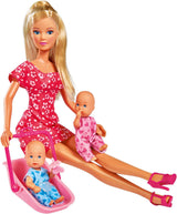 Simba 105730211 - Steffi Love Nanny, con dos bebés, portabebés y silla de auto, accesorios, muñeca disfrazada, 29 cm, para niños a partir de 3 años
