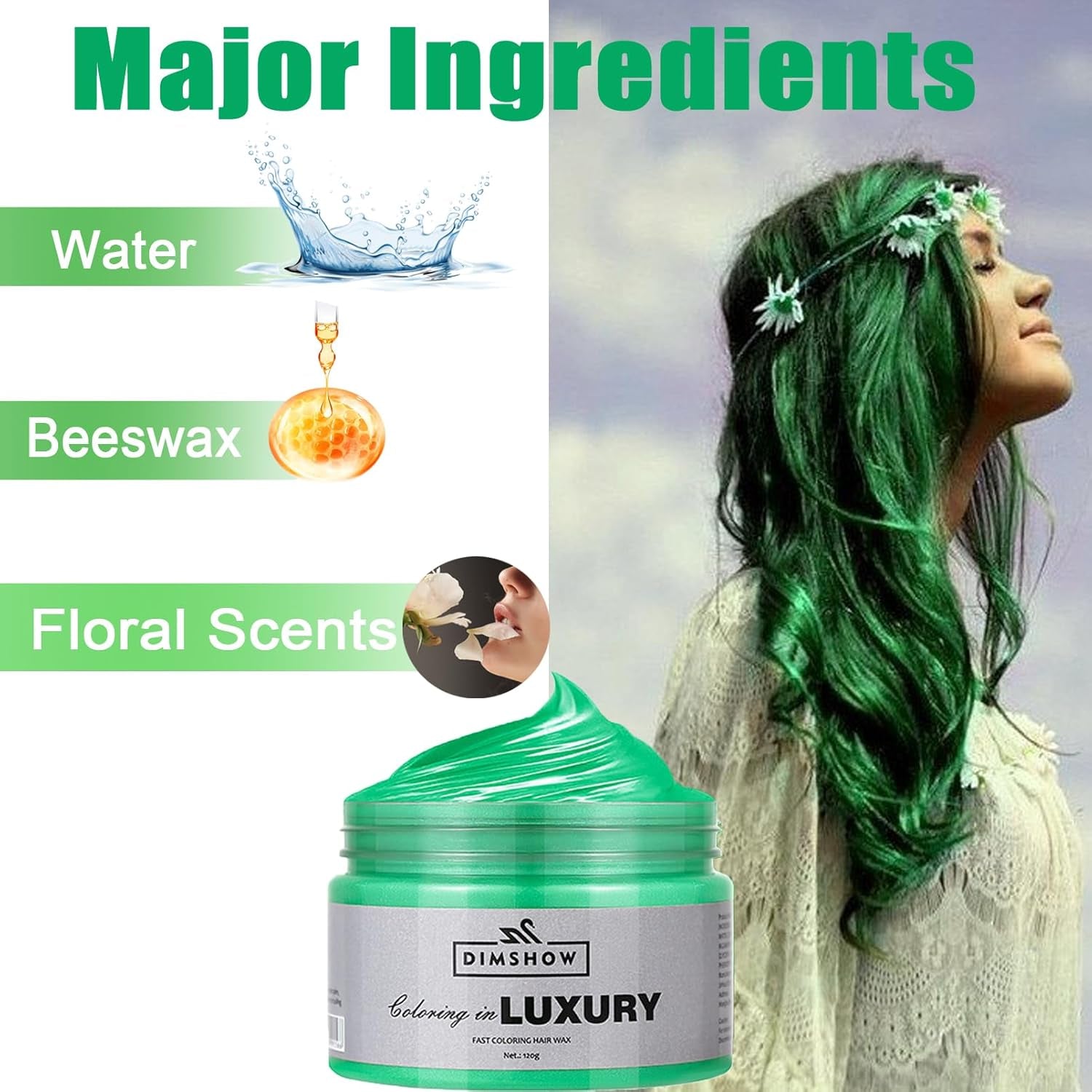 Cera para el cabello temporal verde, spray para el cabello temporal Crazy Green, barro semipermanente lavable, color de cabello de una sola vez, barro de pasta para el cabello de peinado instantáneo, color de cabello natural para fiestas, actividades y tinte para el cabello de Halloween Naty Shop
