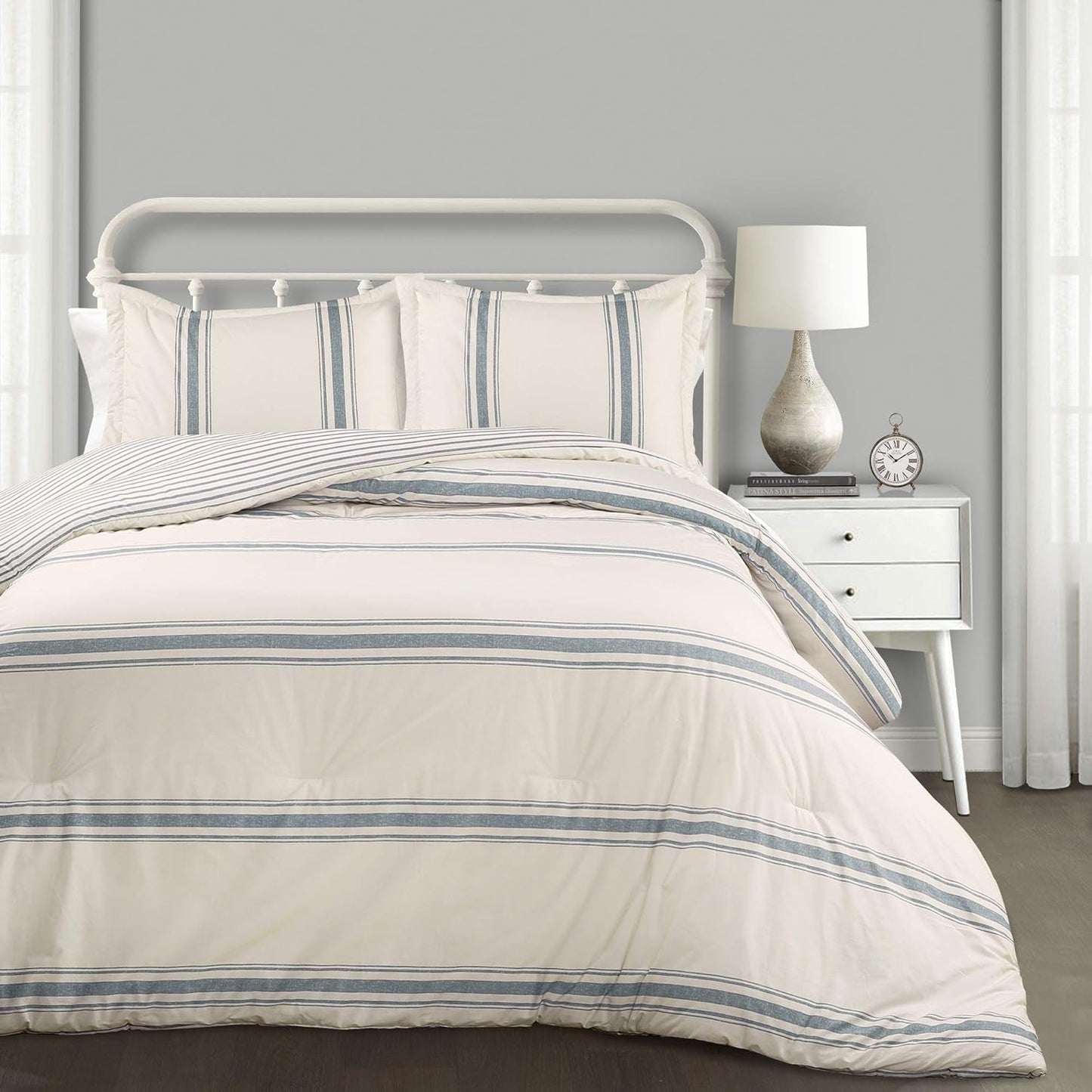 Colcha estilo granja a rayas de Lush Decor, tamaño matrimonial/queen, edredones y edredones grises Naty Shop Blue Full Queen