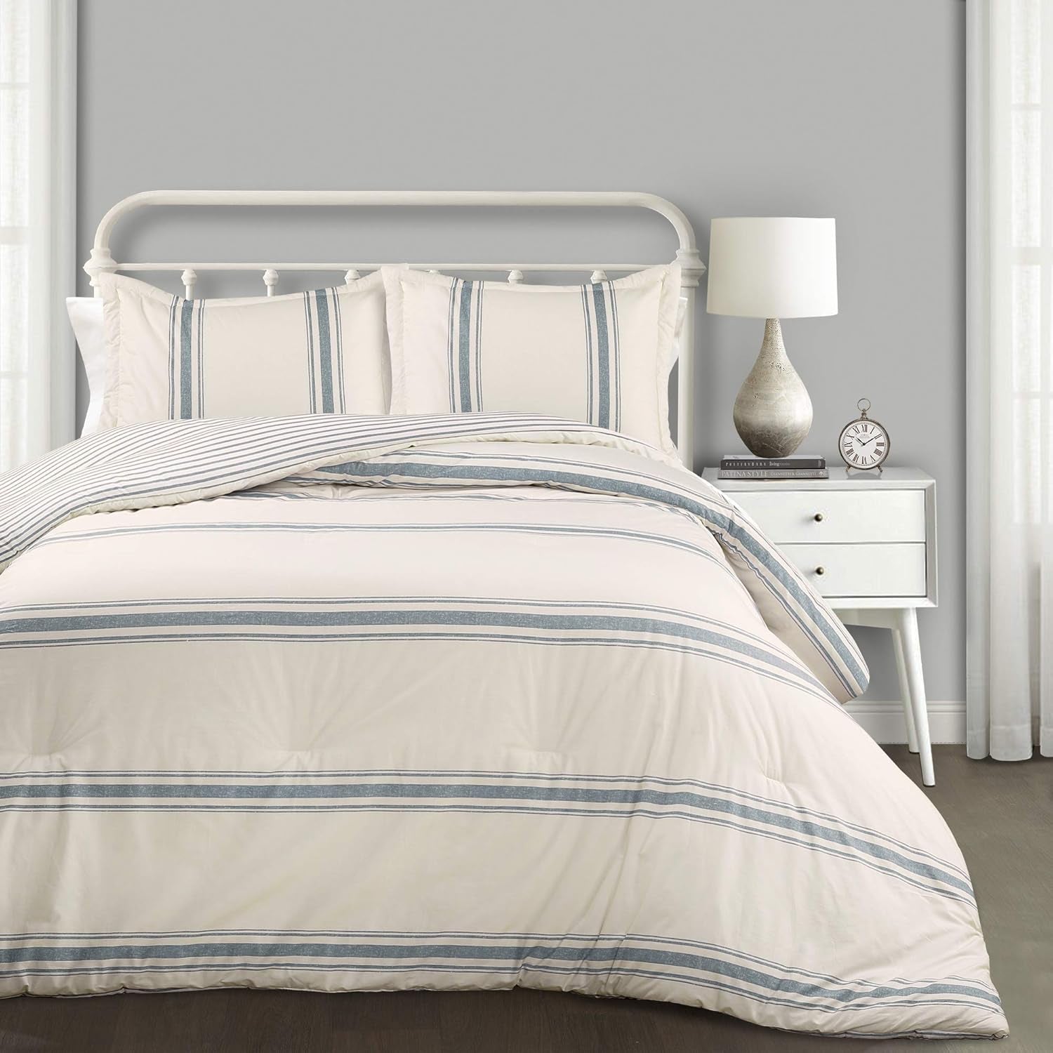 Colcha estilo granja a rayas de Lush Decor, tamaño matrimonial/queen, edredones y edredones grises Naty Shop Blue Full Queen