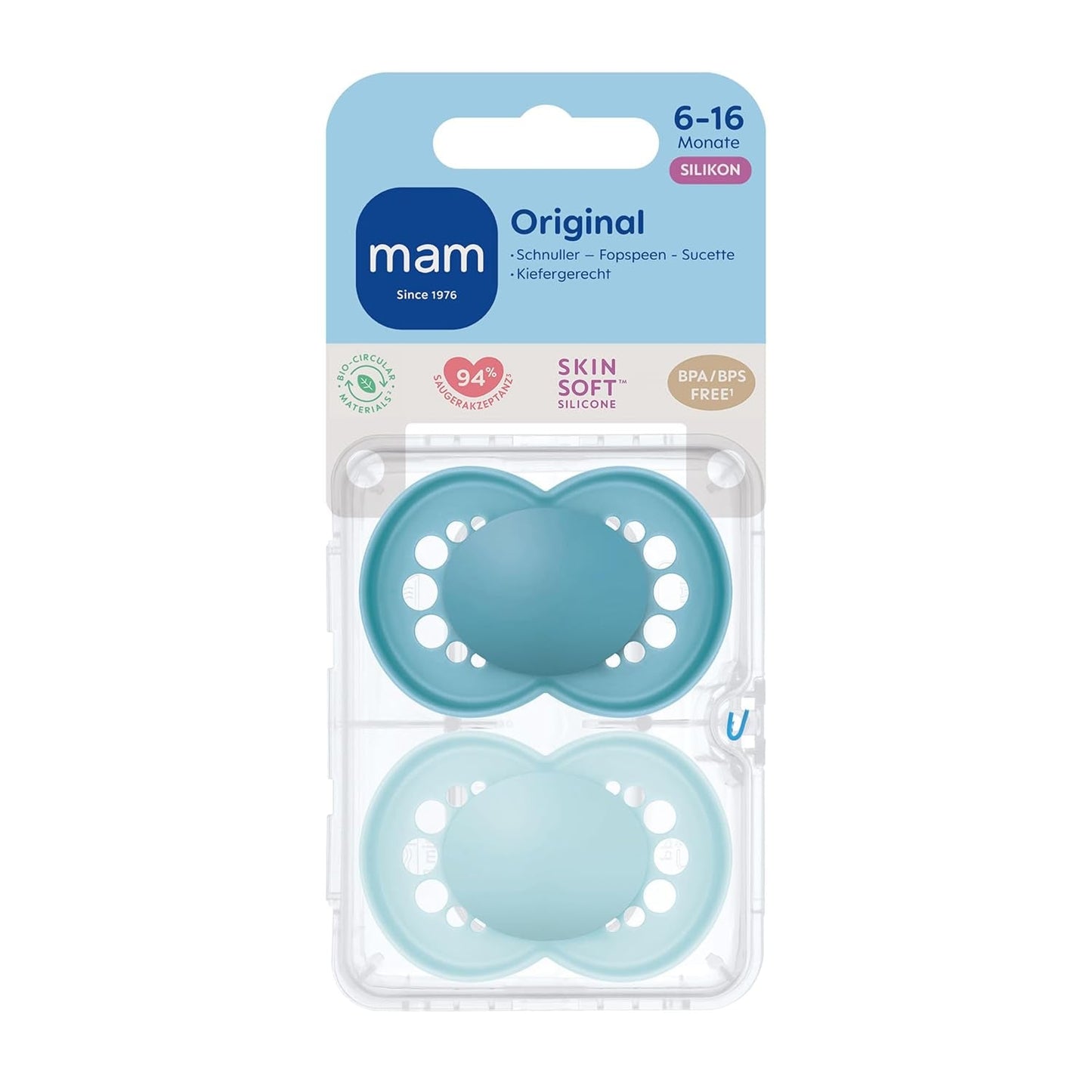 MAM Chupetes originales, paquete de 2, chupetes respetuosos con los dientes, fabricados con materiales sostenibles y bioregenerables, tetinas de silicona MAM SkinSoft, con caja para chupete, 6-16 meses, azul/azul claro