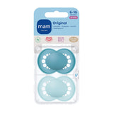 MAM Chupetes originales, paquete de 2, chupetes respetuosos con los dientes, fabricados con materiales sostenibles y bioregenerables, tetinas de silicona MAM SkinSoft, con caja para chupete, 6-16 meses, azul/azul claro