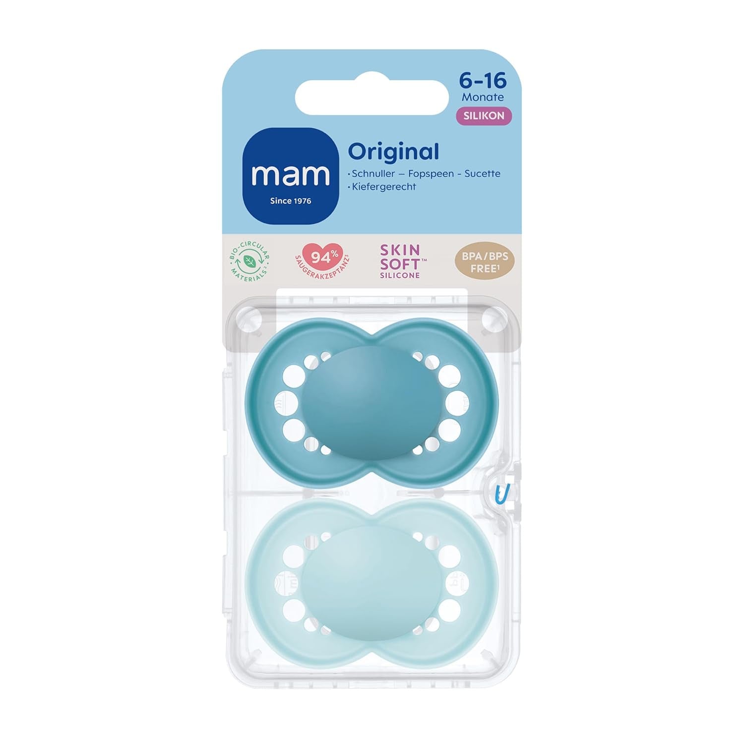 MAM Chupetes originales, paquete de 2, chupetes respetuosos con los dientes, fabricados con materiales sostenibles y bioregenerables, tetinas de silicona MAM SkinSoft, con caja para chupete, 6-16 meses, azul/azul claro