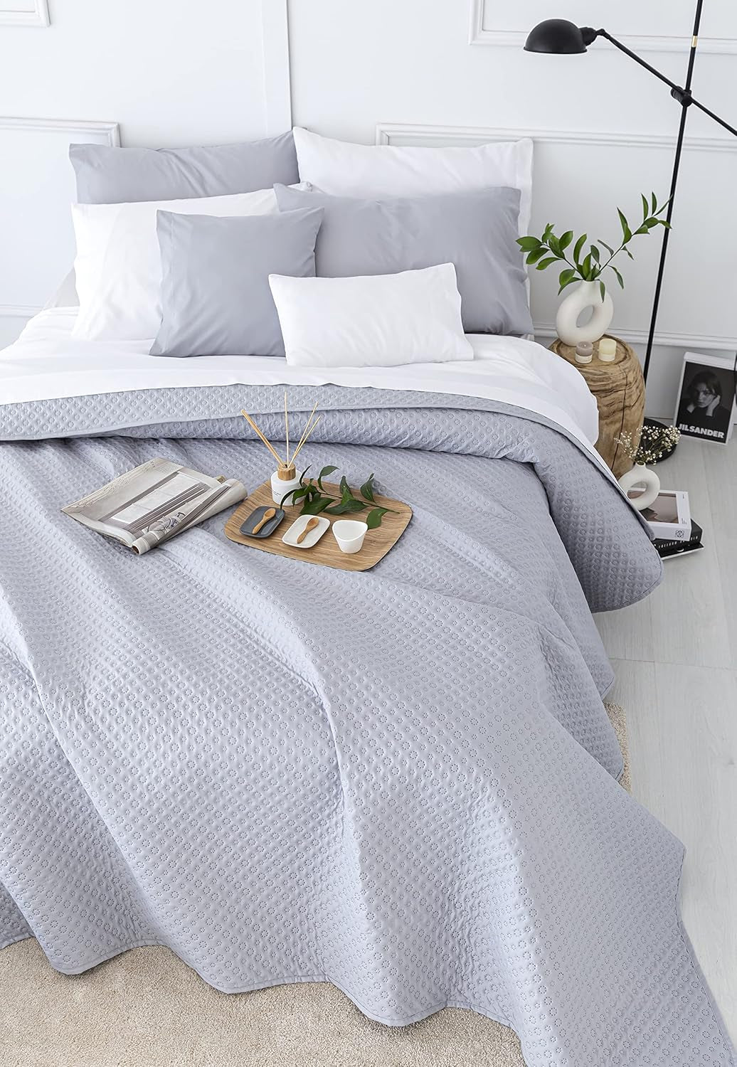 Todocama Fine Boutique Colcha con estampado de piqué, para primavera, verano, otoño e invierno, 100% microfibra súper suave, manta multifuncional, 140/150/160-250 X 260 cm, gris claro Camas y Mantas Beuche den Todocama-Store