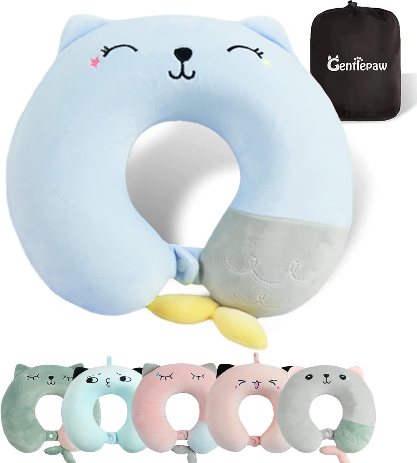 Almohada para el cuello, almohada para el cuello para niños para avión, coche, viaje en tren, almohada de viaje de espuma viscoelástica para adultos, almohada en forma de U con estampado de animales lindos, funda desmontable (Rosa2) Almohadas ortopédicas cervicales Naty Shop Azul