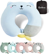 Almohada para el cuello, almohada para el cuello para niños para avión, coche, viaje en tren, almohada de viaje de espuma viscoelástica para adultos, almohada en forma de U con estampado de animales lindos, funda desmontable (Rosa2) Almohadas ortopédicas cervicales Naty Shop Azul