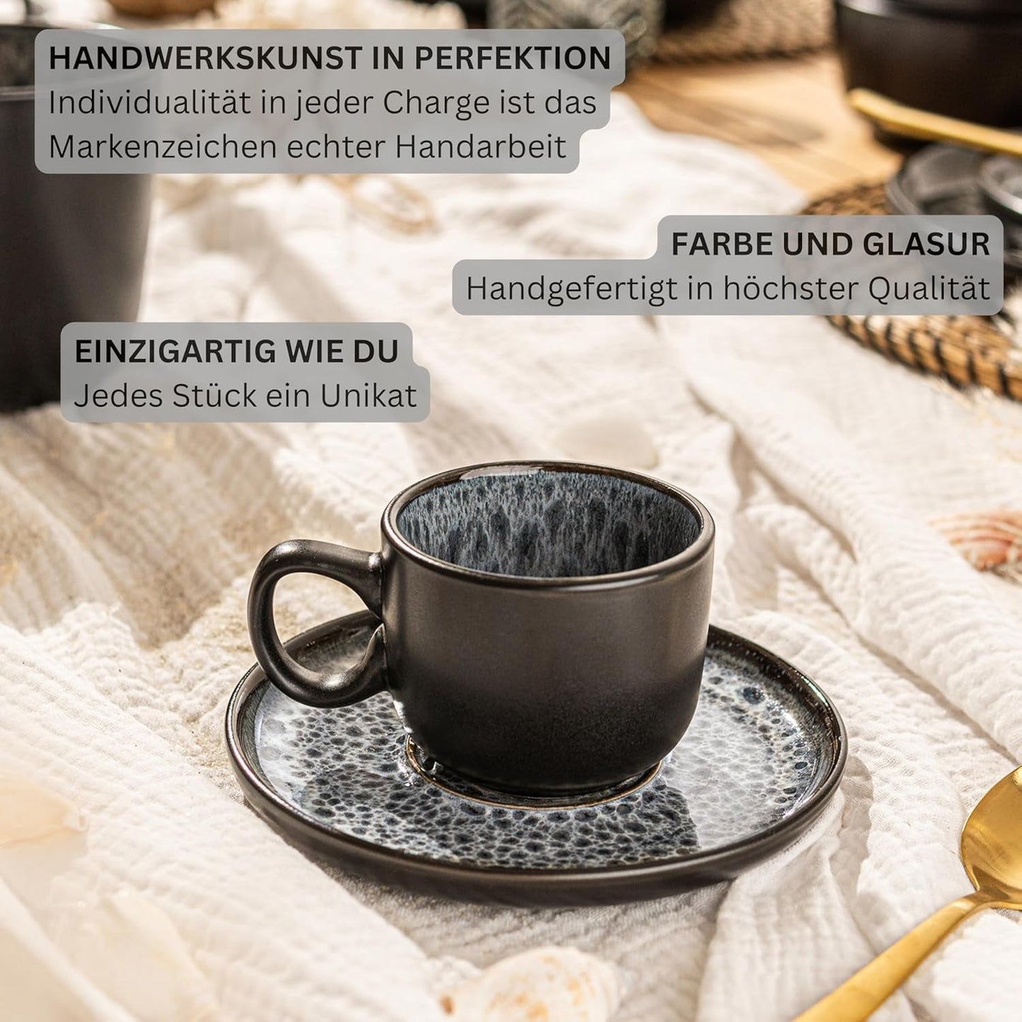 SANGER Sídney | Juego de 12 tazas de café expreso de cerámica, juego de tazas de moca para 6, tazas y platillos, apto para lavavajillas y microondas, gris oscuro, 80 ml | LA COLECCIÓN DE VALOR