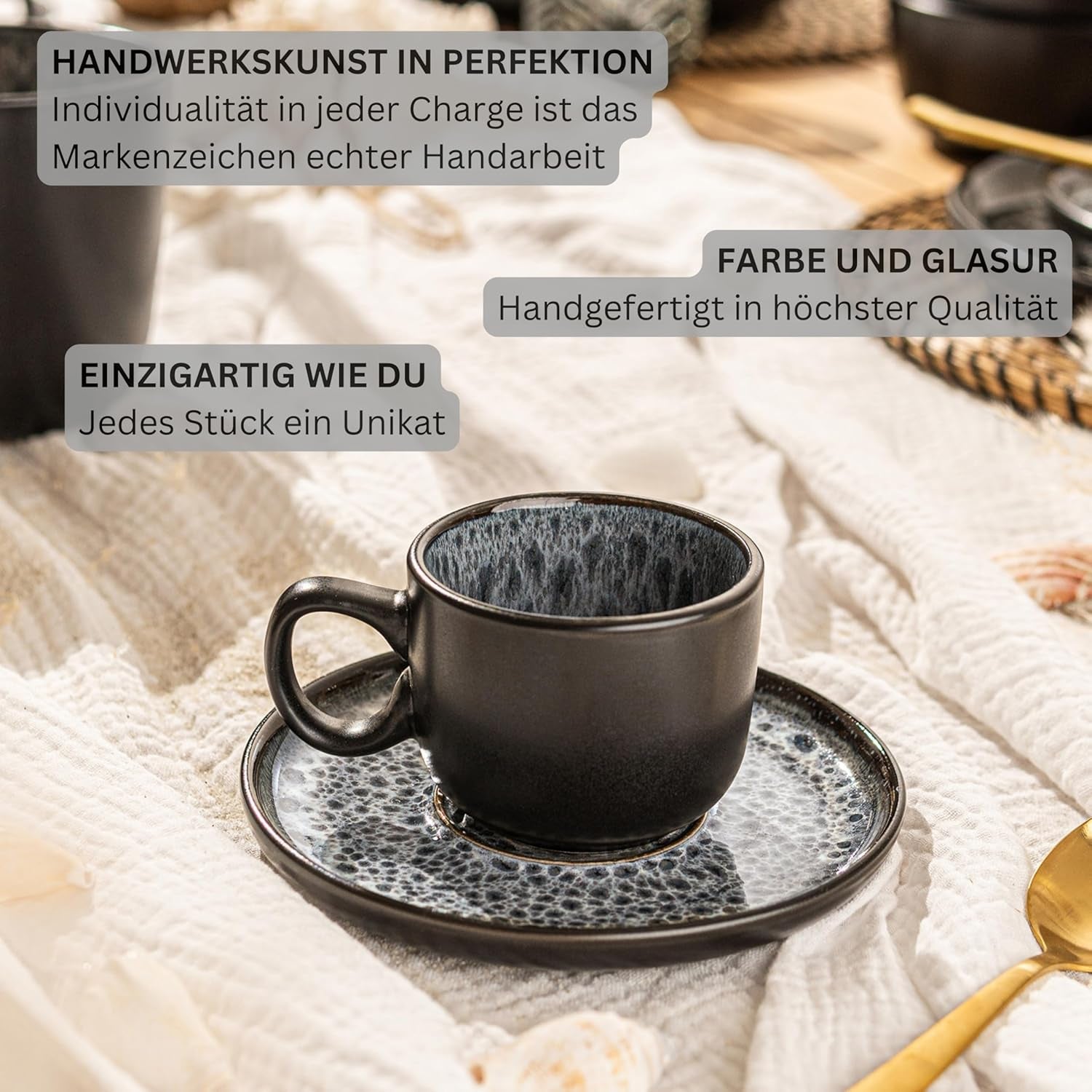 SANGER Sídney | Juego de 12 tazas de café expreso de cerámica, juego de tazas de moca para 6, tazas y platillos, apto para lavavajillas y microondas, gris oscuro, 80 ml | LA COLECCIÓN DE VALOR