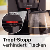 Bosch MyMoment TKA2M113 Cafetera espresso con filtro, jarra de cristal de 1,25 l, 10-15 tazas, función de mantenimiento del calor durante 40 minutos, sistema antigoteo, soporte de filtro giratorio, depósito de agua desmontable, 1200 W, negro mate