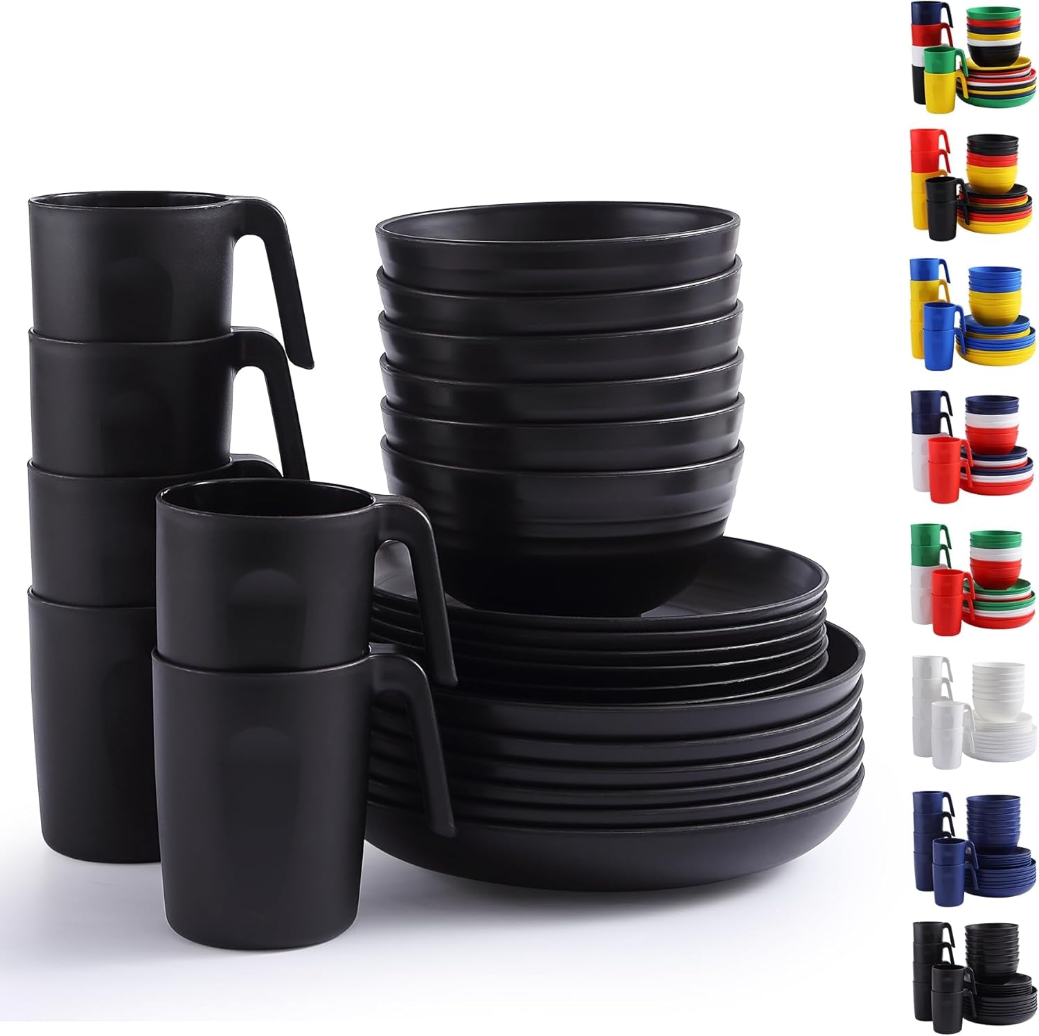 Berglander Juego de vajilla de plástico negro de 24 piezas para 6 platos y cuencos reutilizables, incluidos platos llanos, platos de postre, cuencos de cereales y tazas para el hogar, el jardín y el picnic