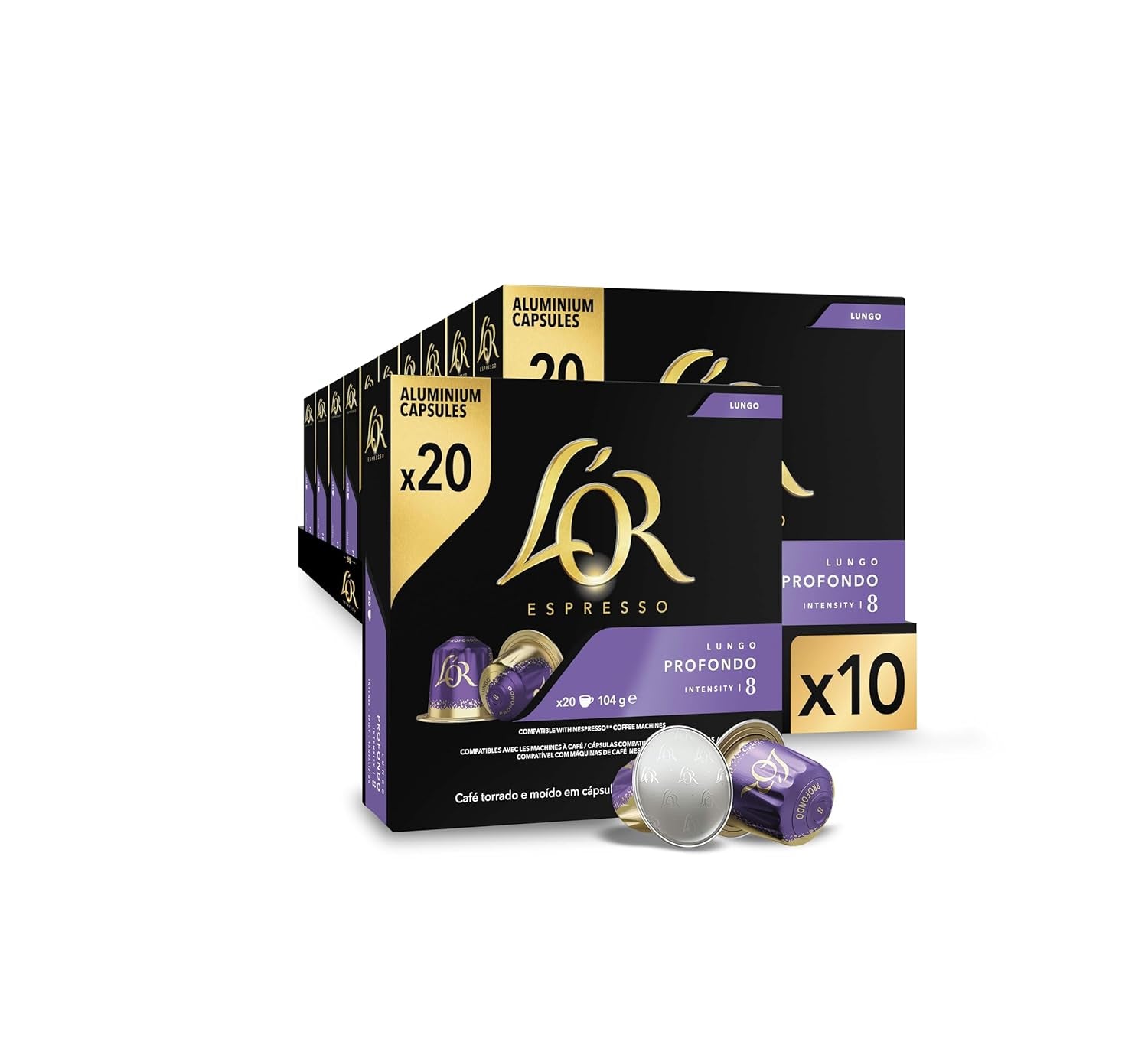 L'OR Espresso Koffiecups Lungo Profondo (200 cápsulas de Lungo Koffie, Gesicht voor Nespresso* Koffiemachines, Intensidad 08/12, 100% Arábica Koffie, UTZ Gecertificeerd), 10 x 20 tazas