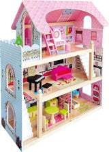 Bino World of Toys Casa de muñecas con balcón, Juguete para niños a partir de 3 años, con 3 plantas, escaleras, 4 habitaciones y balcón incl. 15-TLG. Accesorios, Para fomentar las habilidades de los niños, Diseño rosa Naty Shop casas de muñecas