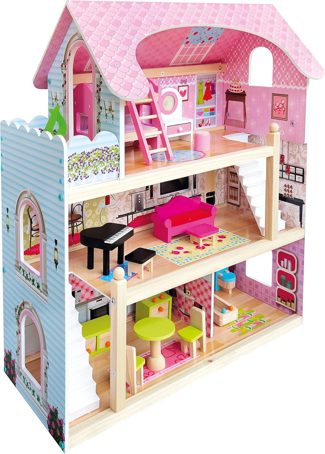 Bino World of Toys Casa de muñecas con balcón, Juguete para niños a partir de 3 años, con 3 plantas, escaleras, 4 habitaciones y balcón incl. 15-TLG. Accesorios, Para fomentar las habilidades de los niños, Diseño rosa Naty Shop casas de muñecas