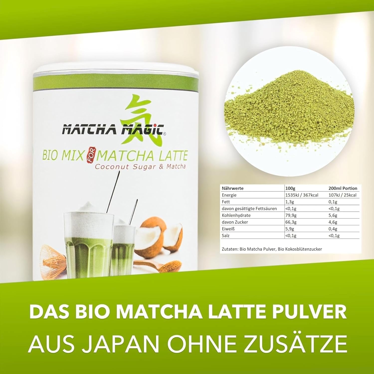 Matchamagic: matcha latte en polvo orgánico de Japón con azúcar de flor de coco para un delicioso té